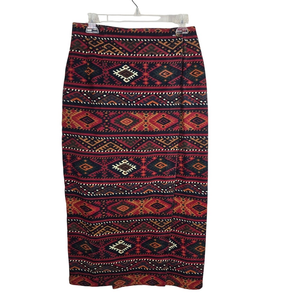 VTG Cambridge Denim Wrap Maxi Skirt Sz 27 Southwestern Tribal Aztec Boho Cotton